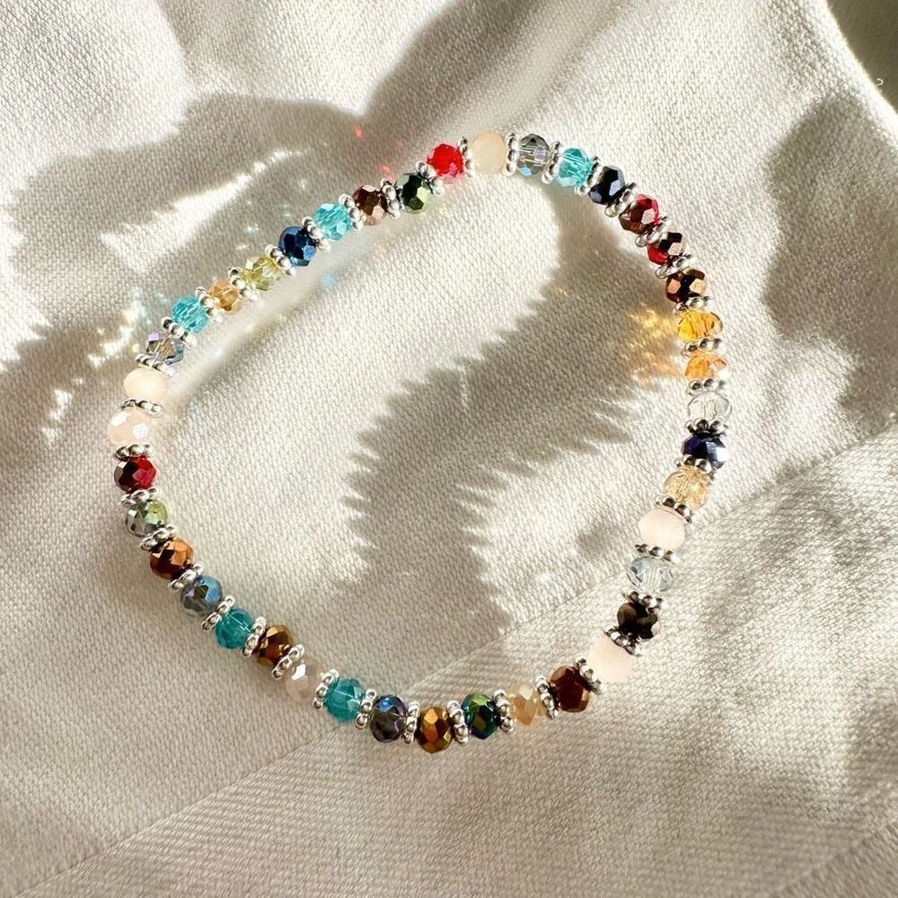 Rainbow and gold beaded stretch sparkly bracelet